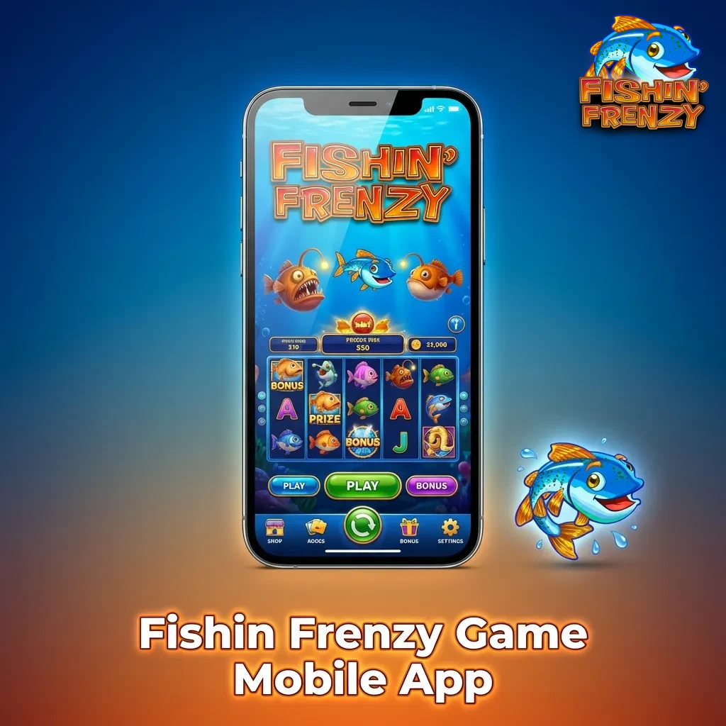 Mobile phone displaying Fishin Frenzy slot game with fishing theme interface on screen