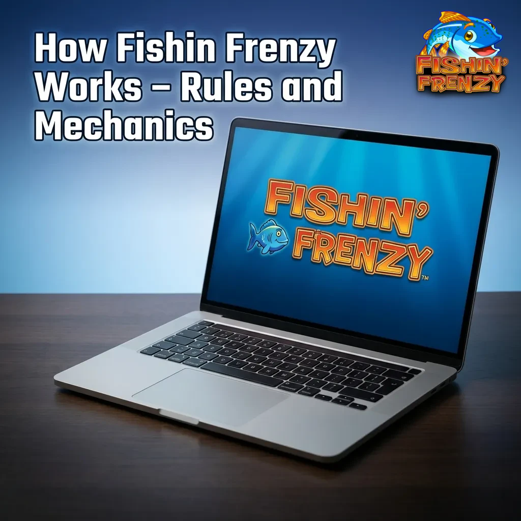 Colorful slot game interface showing 5 reels with fish symbols, fishing rods, and tackle boxes on display